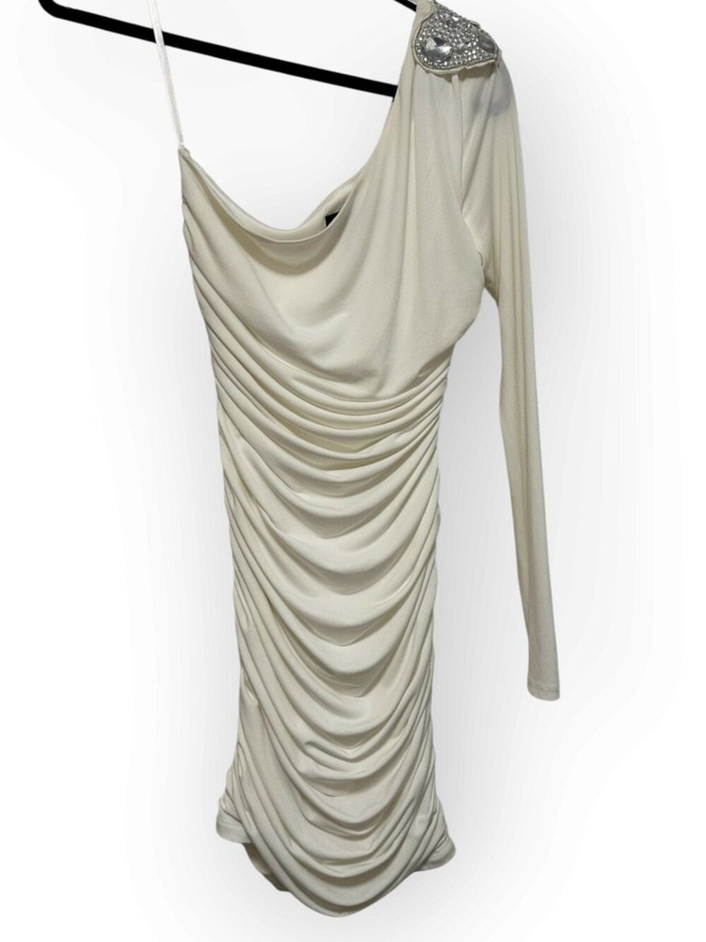Vintage City Triangles White Ruched One Shoulder Dress M Y2K Rhinestone Angel